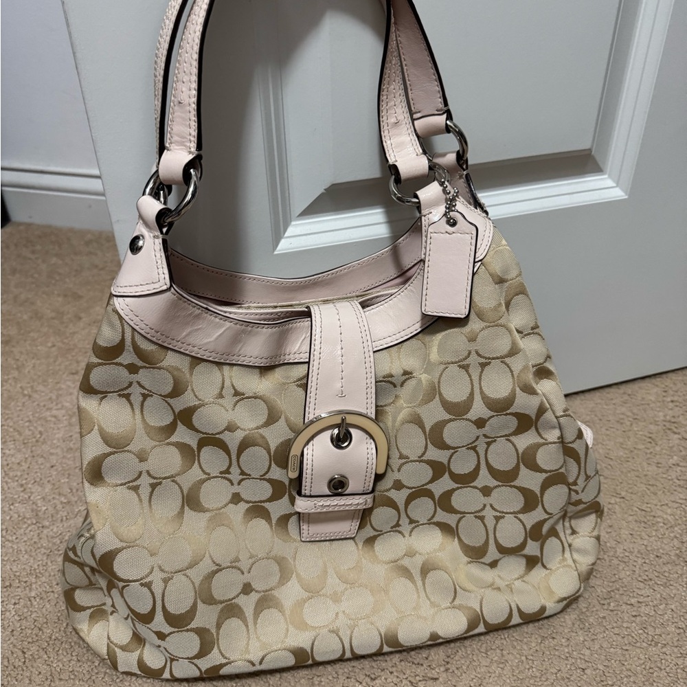 Coach Beige and Pink Signature Shoulder Bag